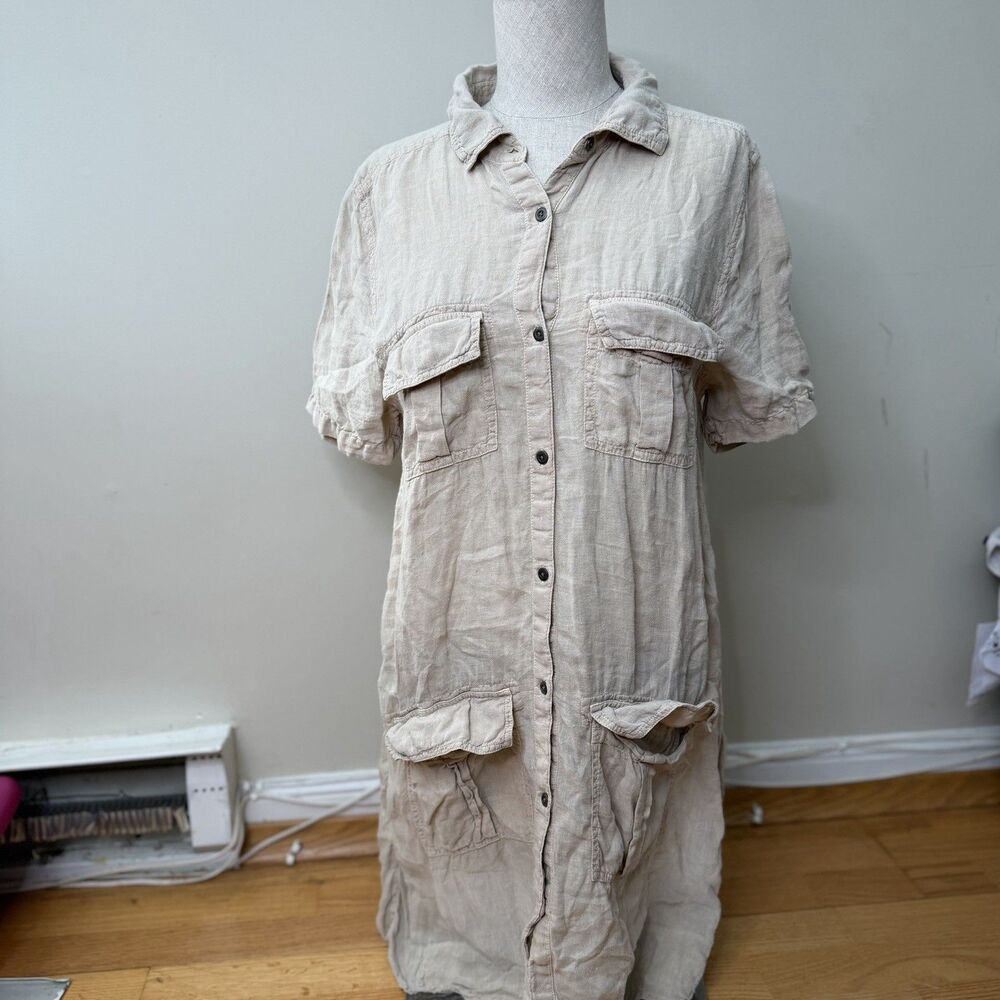 Sundance Harper 100% Linen Shift Dress Beige S GUC Pockets Natural Minimal Boho